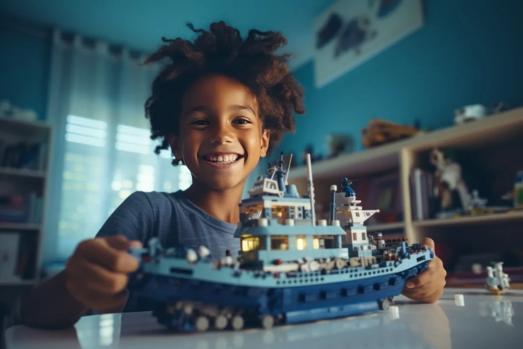 A little African American boy sits at the table in his cozy room and plays with a construction set. Happy smart kid assembling a realistic model of fishing trawler. Play and learn concept